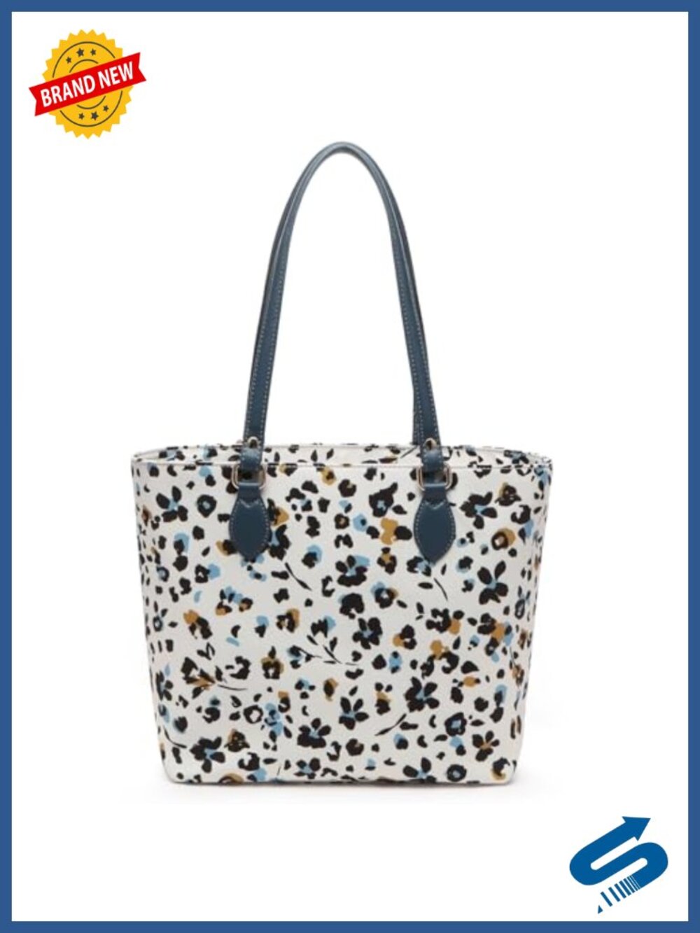Nylon waterproof zip tote with pockets, floral print, vegan leather handles